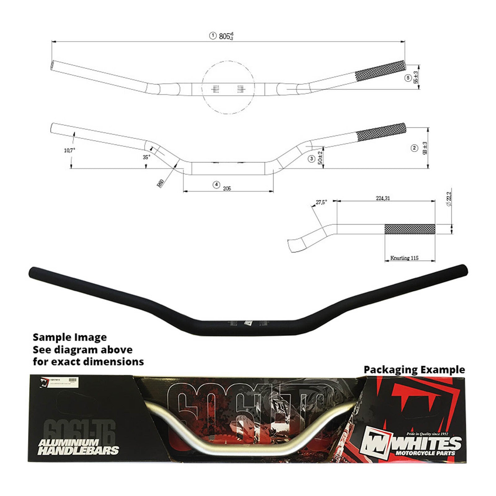 Whites Handlebar Taper AL6061 Black KX/KXF/RMZ 1 1/8 (28.6mm)
